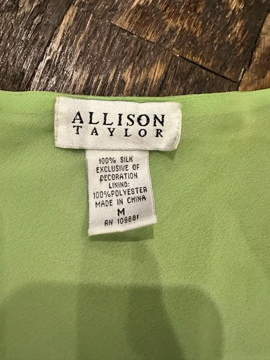 Allison Taylor Lime Green V-Neck Beaded Sheer Tunic fully lined - Picture 4 of 8